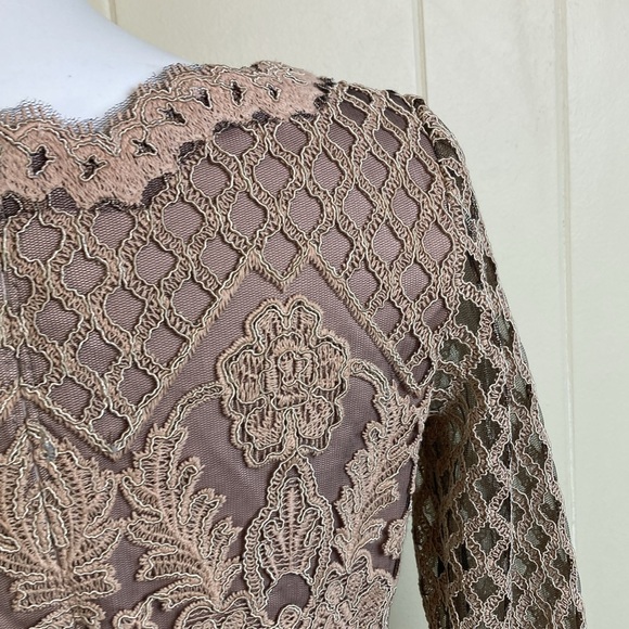 Tadashi Shoji Fitted Lace V Neck Party Dress Womens Size 6 Tan Cocktail Evening - Picture 5 of 10